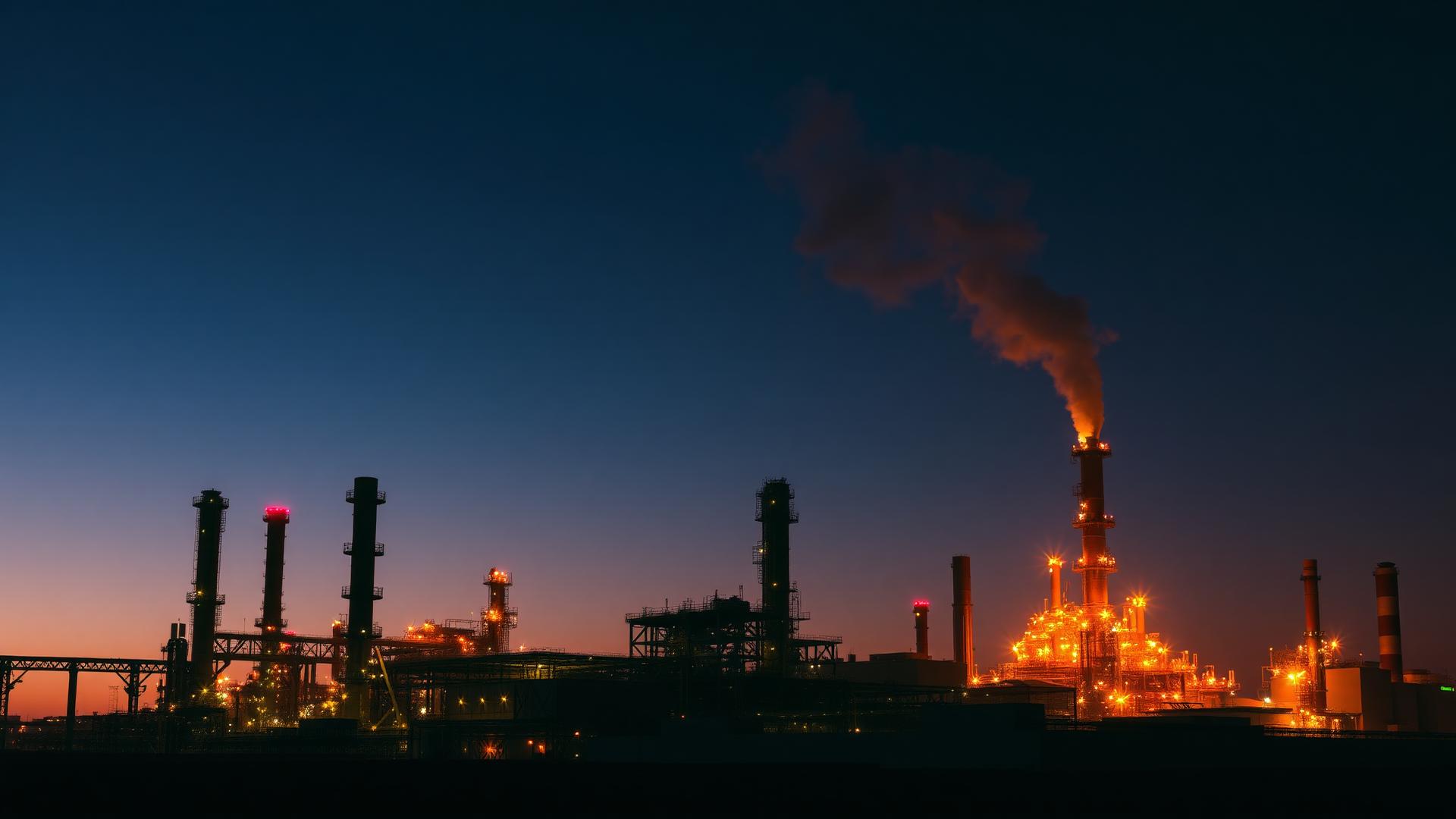 Industrial refinery at dusk with warm garnet light